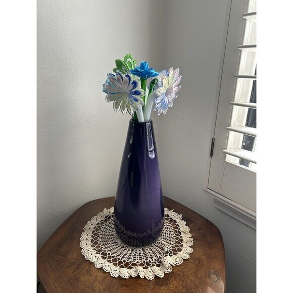 Bouquet Of Murano Hand Blown Long Stem Glass Flowers In A Purple Glass Vase - Picture 7 of 11